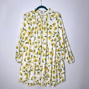 Yumi Kim Aura Dress Sz S Lemon Chiffon Tiered Ruffle Boho Long Sleeve High Neck